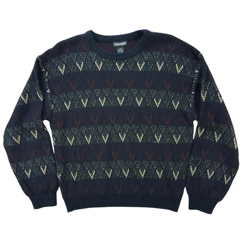 Mens Jantzen Crewneck Sweater Large Navy Geometric Pattern Knit Vintage Style